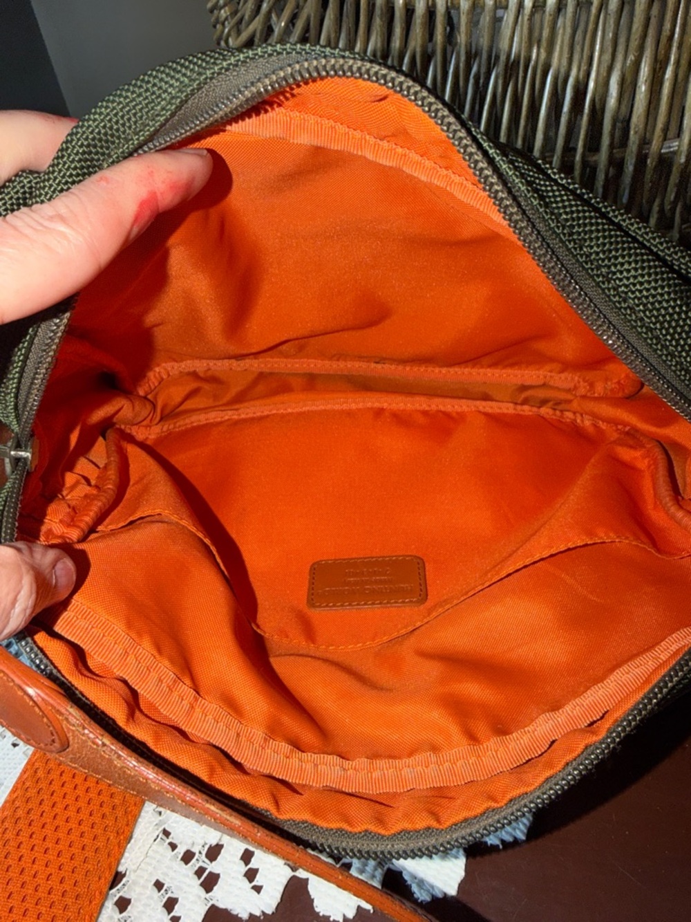 Olive Green Canvas Crossbody Bag with Orange Lining